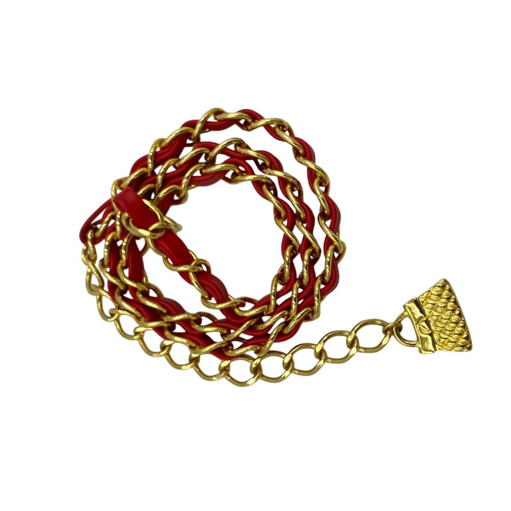 Vintage Unbranded Red Leather & Gold Tone Chain Belt W/ medallion Size 26" - 34”